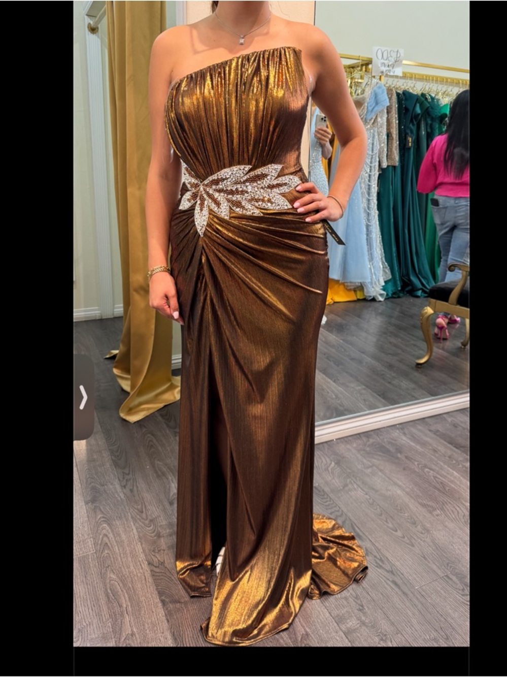 Strapless Metallic Bronze Evening Gown with Crystal Leaf Accent